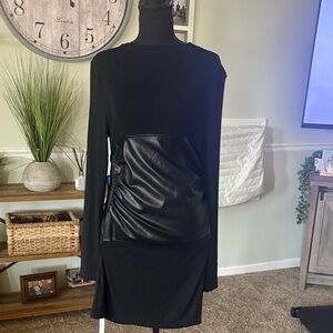 Commense Black Dress with Faux Leather Detail